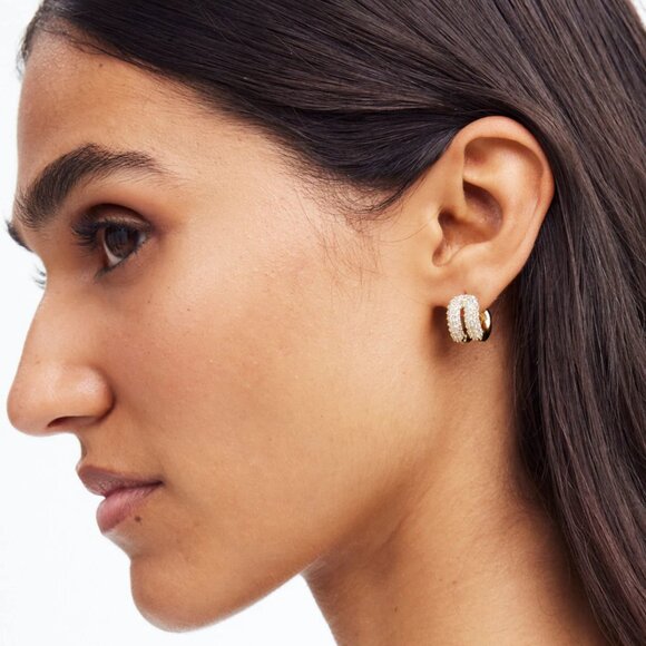 BRAND NEW Madewell Pavé Double Huggie Hoop Earrings in pale gold - Picture 3 of 3